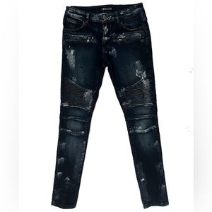 Embellish Men’s Streetwear Paint Destructed Skinny Moto Style Biker Jeans